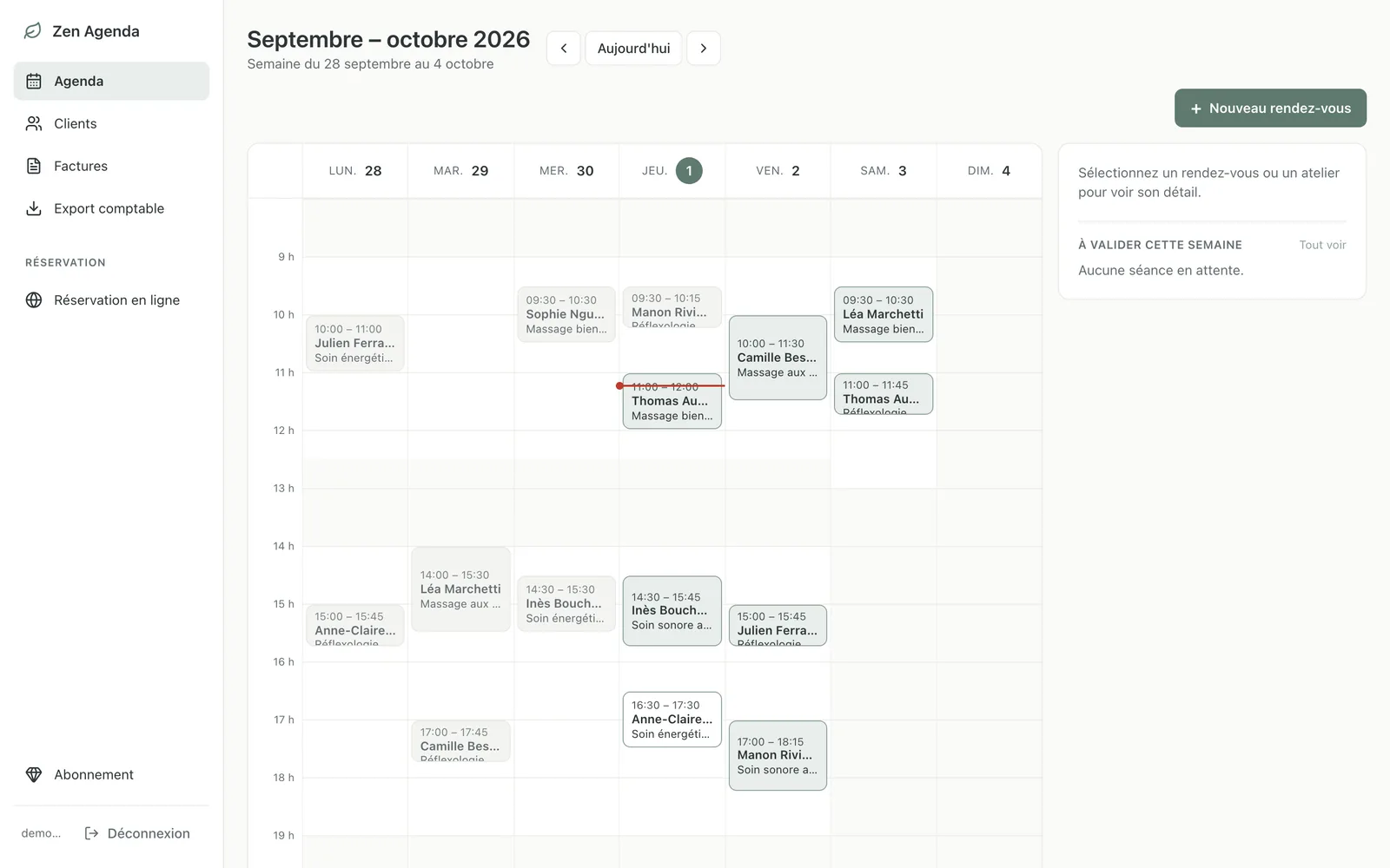 Version ordinateur de Zen Agenda : l'agenda d'une semaine, avec les rendez-vous de chaque jour et le volet de détail à droite